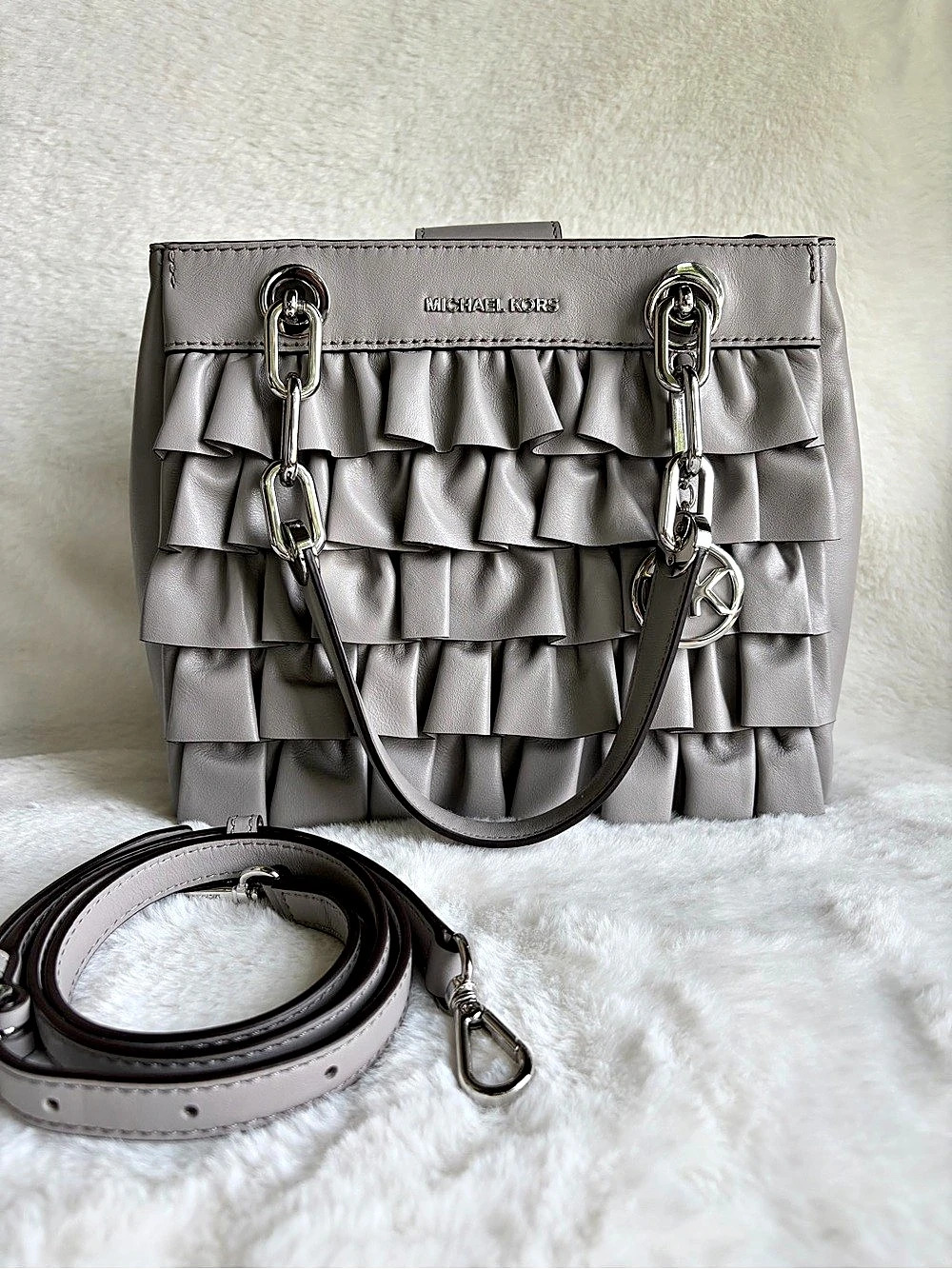 Michael Kors Cynthia Small Ruffled Satchel Gray Silver-Tone Hardwar - Picture 4 of 16